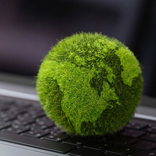 A green mossy ball illustrated as Earth sits on the keyboard of a laptop.