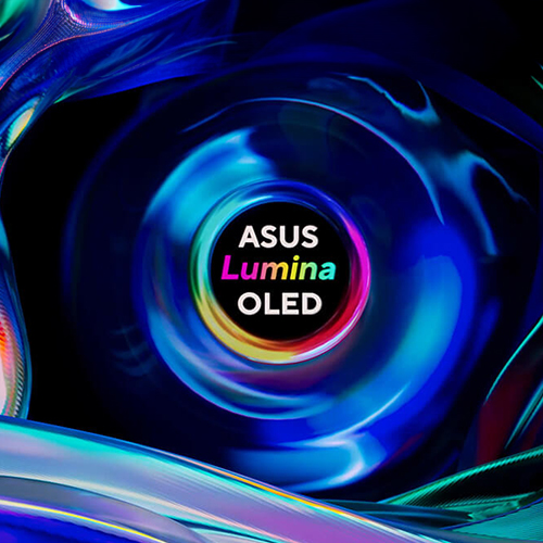 Эмблема дисплеев ASUS Lumina OLED на красочном фоне.