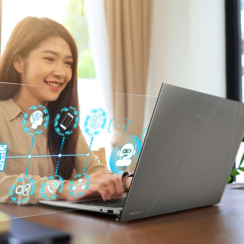 A woman is smiling as she uses an ASUS laptop on a wooden table. AI related UI is floating in front of her.