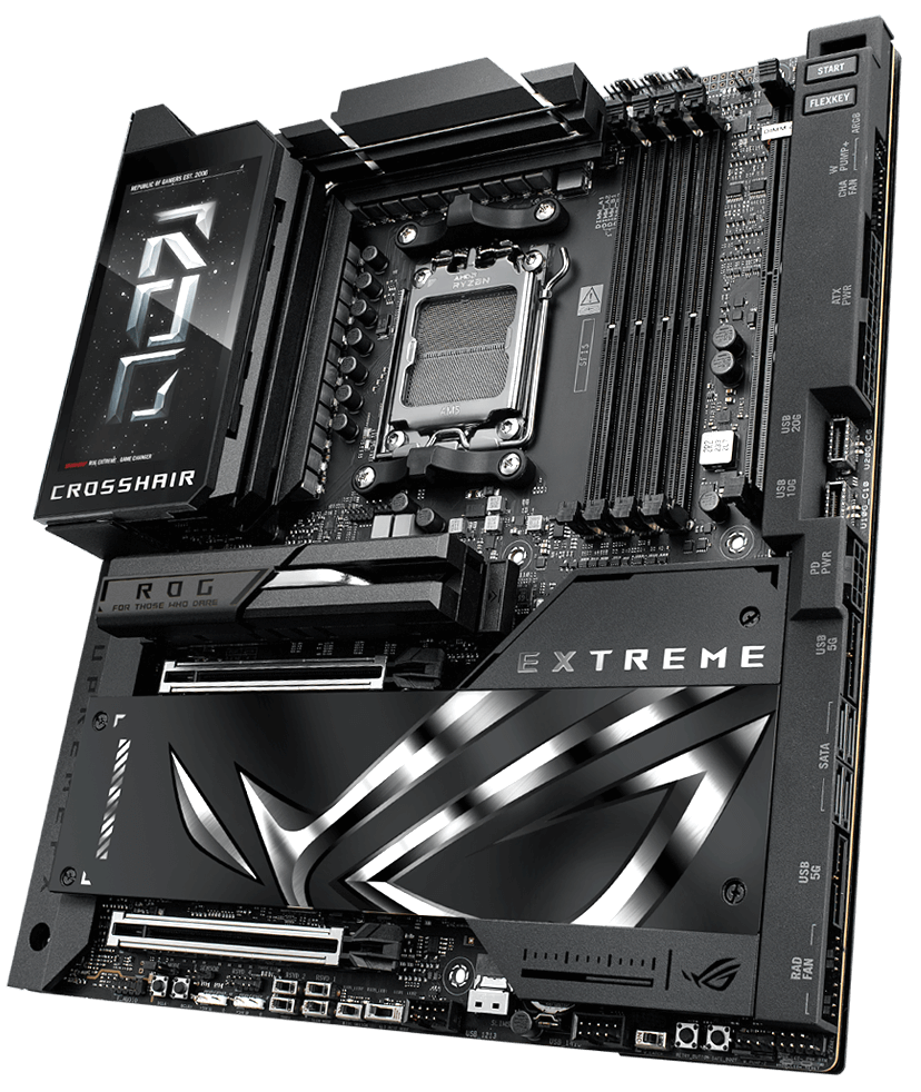 The ROG Crosshair X870E Extreme left sided angle