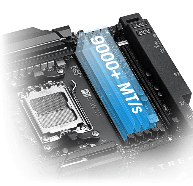 The ROG Crosshair X870E Extreme lets you overclock memory up to 8600+ MT/s.