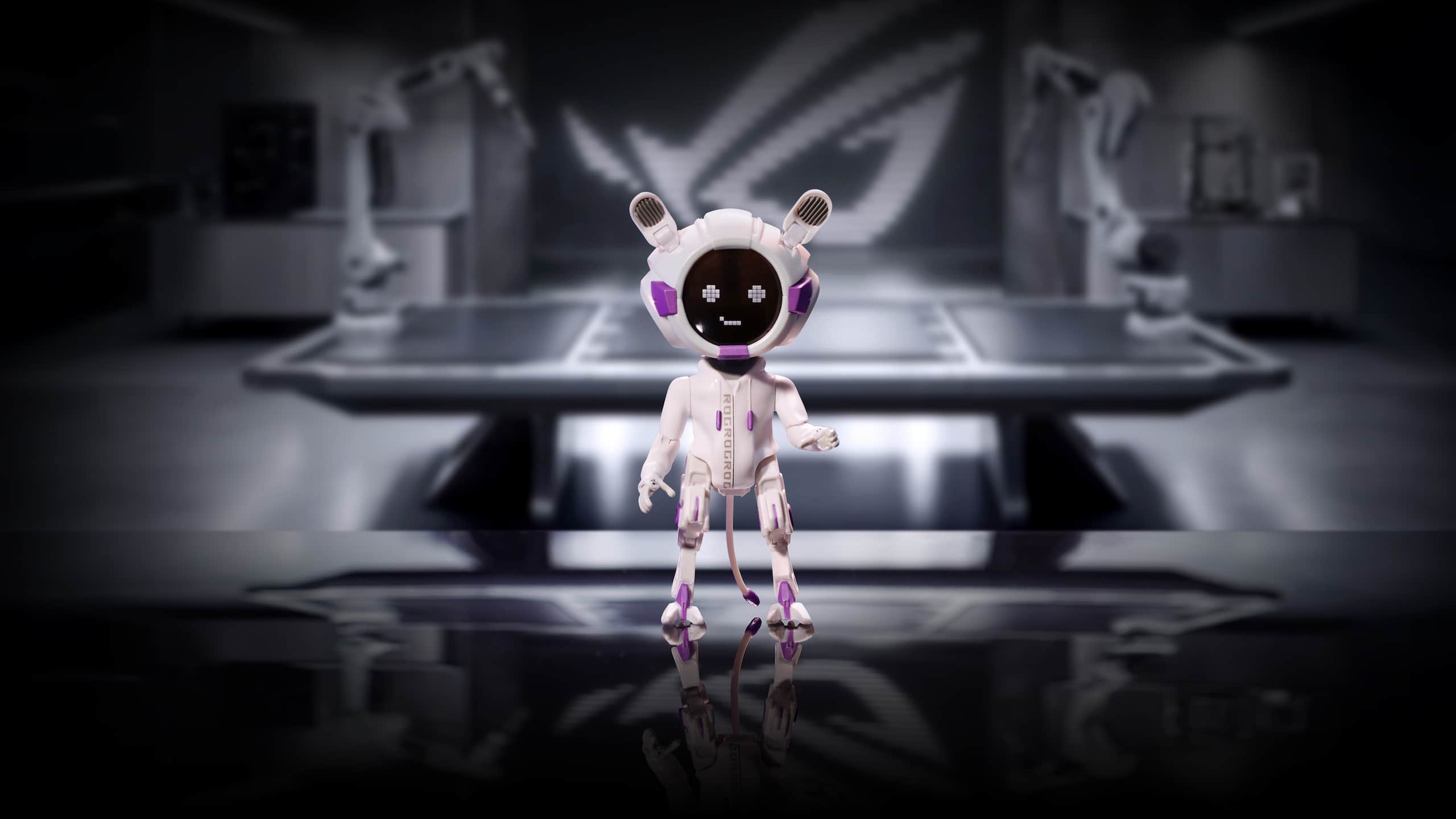 ROG OMNI Model White — limited-edition 10cm collectible action figure — displayed front and center in the futuristic ROG lab. The OMNI bot features bold white and purple styling with pixelated face display, embodying a sleek lab assistant look. Background shows a high-tech industrial setting with a large, blurred ROG eye logo projected on the wall. Text on image reads “ROG OMNI MODEL WHITE.” and tagline “FOR THOSE WHO DARE — IN POCKET SIZE..” Description below highlights OMNI White as a premium collectible designed to elevate both your gaming space and personal collection.