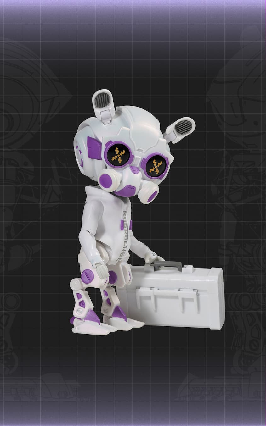 ROG OMNI Model White limited-edition collectible action figure — dynamic view detail. Features highlighted include a neat lab coat with a touch of razzle-dazzle and actionable hands holding a tech toolbox. The figure is posed in a side view stance, showcasing OMNI Model White’s stylish, functional design and playful personality, reinforcing its appeal as a premium collectible for gamers and ROG fans.