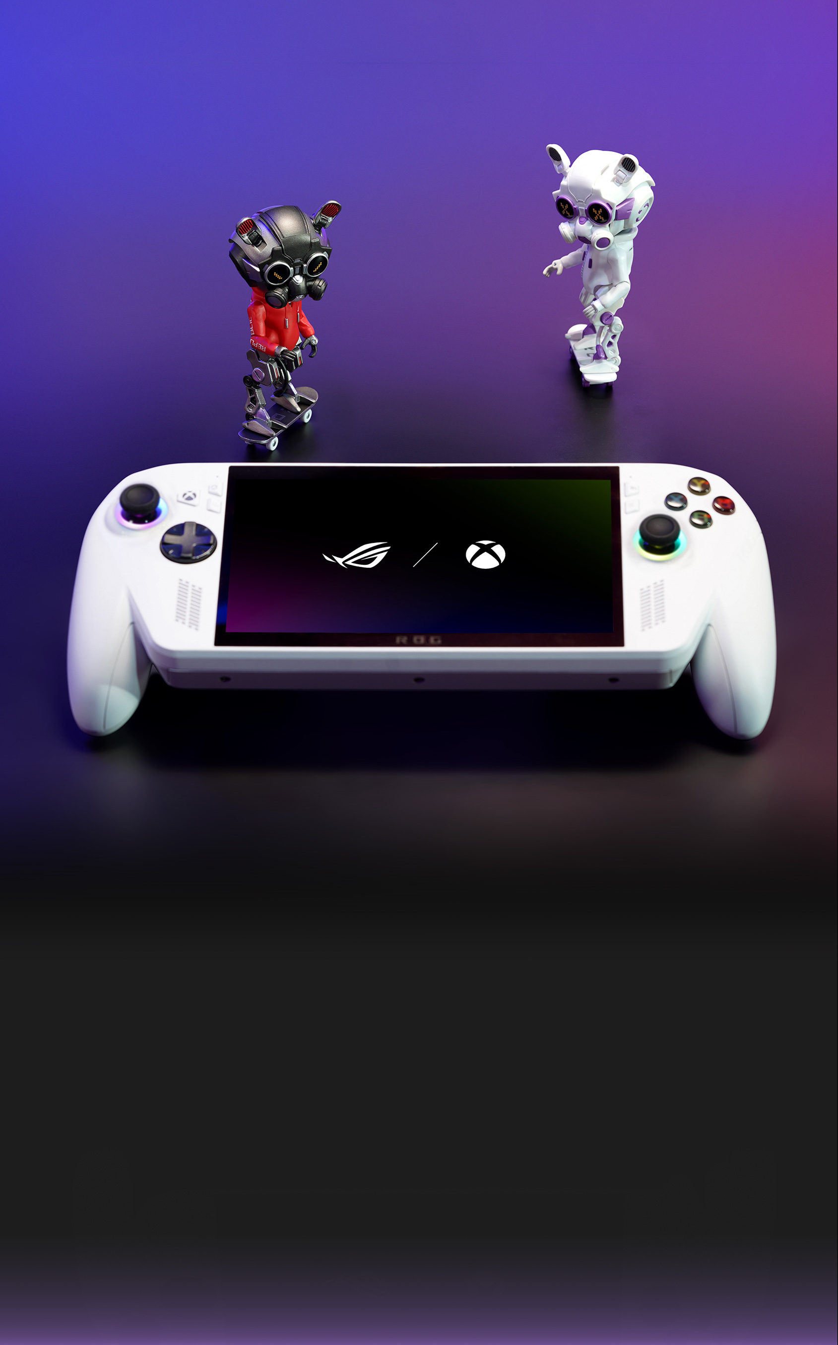 Both OG and White figures are positioned in a playful interaction next to a ROG XBOX Ally. The scene highlights the fun, social, and gaming-inspired personality of the OMNI figures, reinforcing their role as ideal desk companions and premium collectibles for ROG fans and gamers.