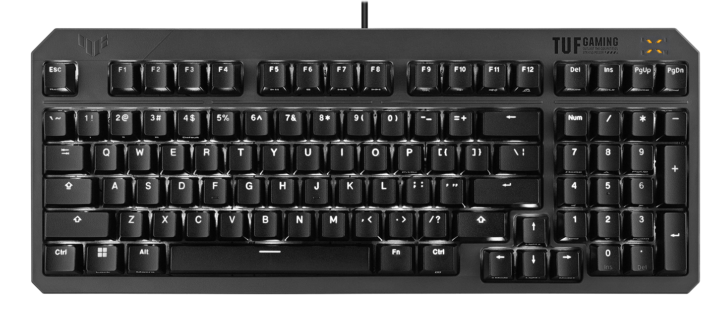 TUF Gaming K3 Gen II Keyboard showcasing its RGB lighting effect.