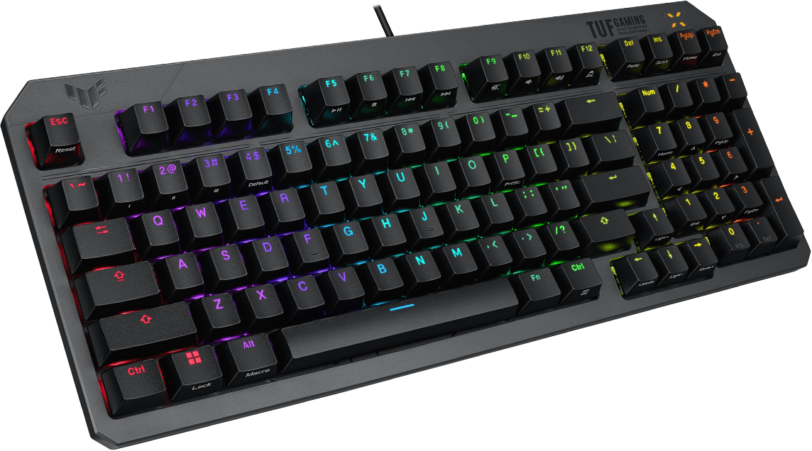 TUF Gaming K3 Gen II Keyboard 前視圖朝右。