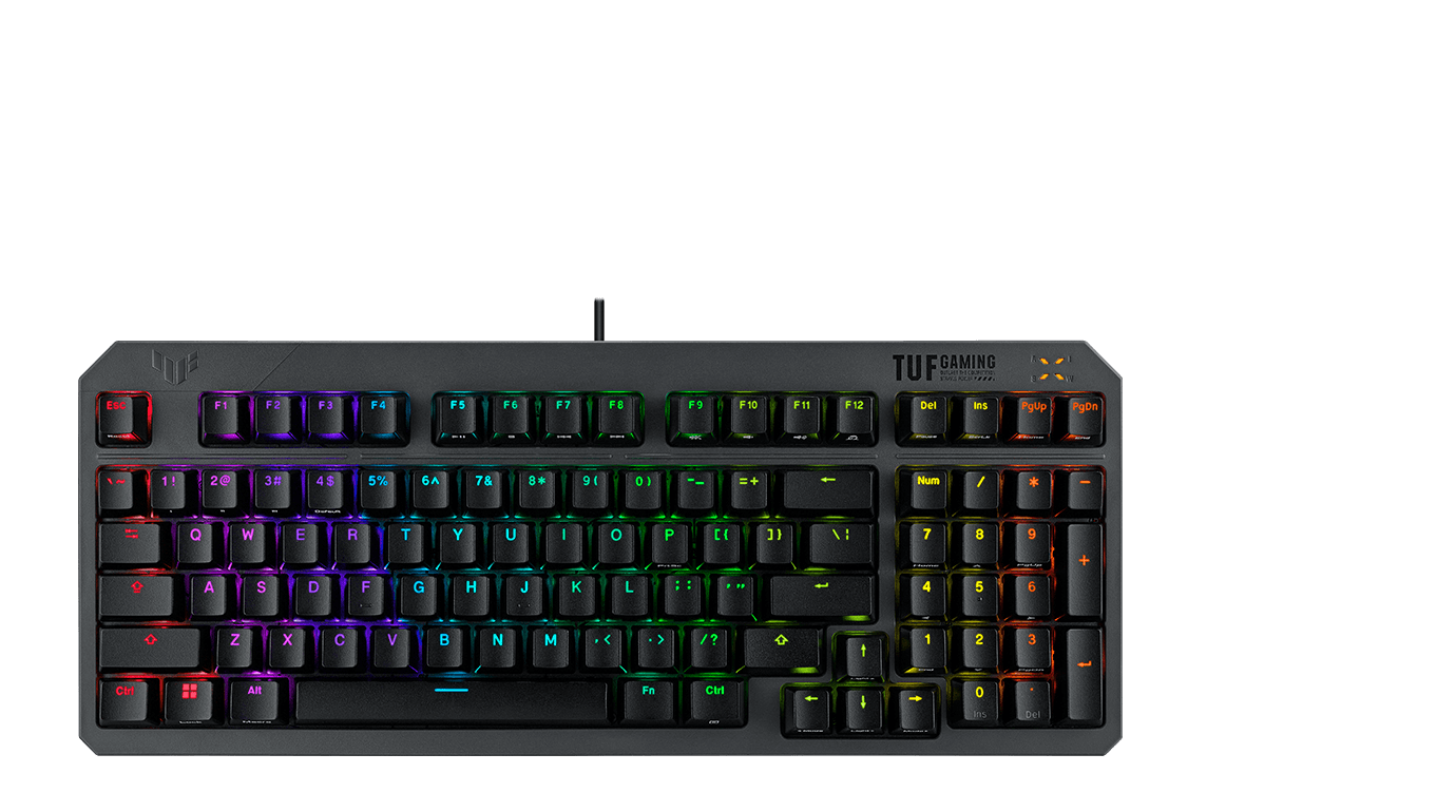 TUF Gaming K3 Gen II Keyboard laying on top of a 100% keyboard, showing its compact form factor.
