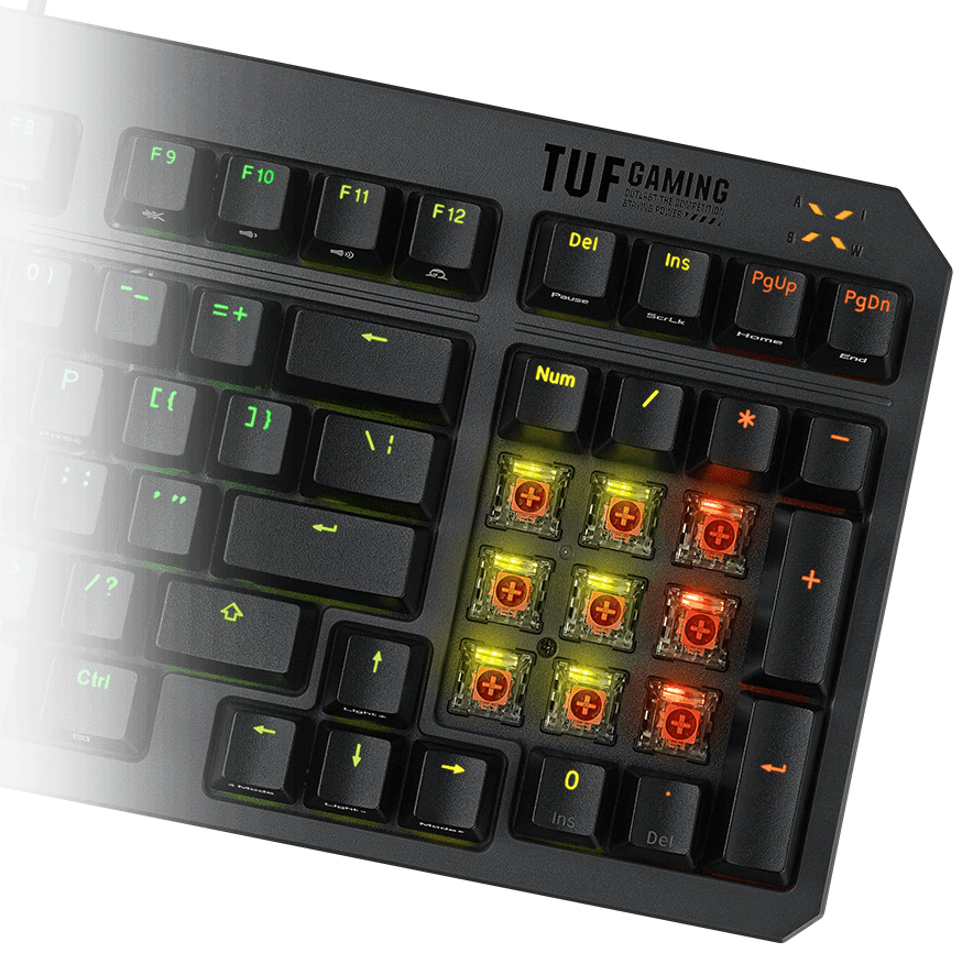 Focus on the switches of TUF Gaming K3 Gen II Keyboard numpad, without keycaps.