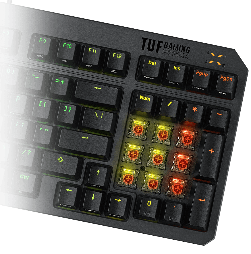 Focus sur les switches du clavier TUF Gaming K3 Gen II numpad, sans keycaps.