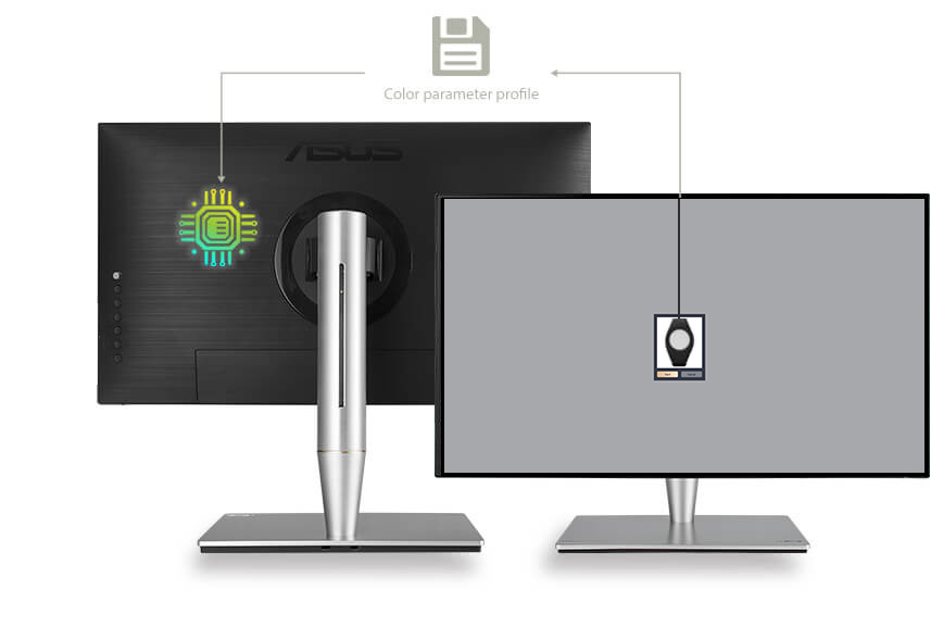 La technologie ASUS ProArt™ Calibration sauvegarde tous les profils de paramétrage sur la puce du circuit intégré de l'écran au lieu de l'ordinateur. Vous pouvez ainsi brancher le moniteur ProArt à différents appareils sans avoir à changer sans arret ses paramètres.