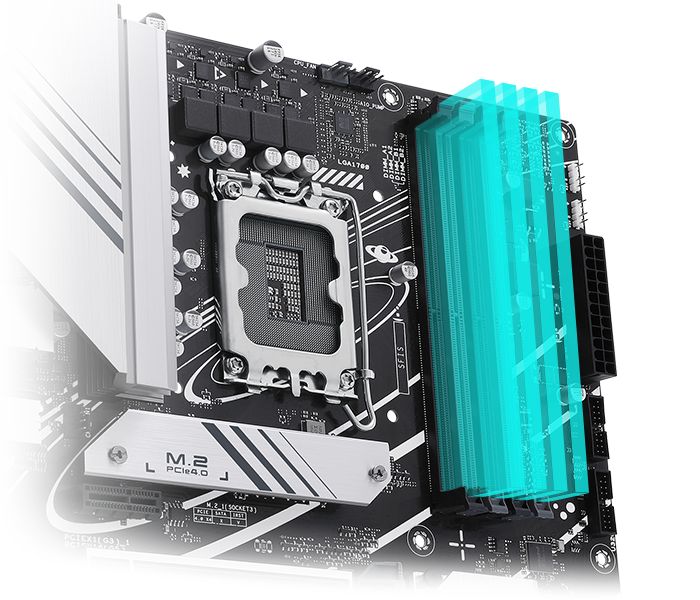 A PRIME H770-PLUS vem com a tecnologia ASUS Enhanced Memory Profile II (AEMP II) para treinar o teu kit de memória e otimizar a velocidade de relógio para libertar a performance da DDR5. Gráfico de barras nos perfis AEMP II que oferecem velocidades da RAM até 37.5% mais rápidas do que as especificações DDR5 de base.