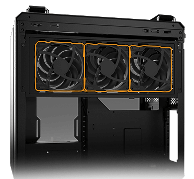 Le TUF Gaming GT502 Horizon avec 3 ventilateurs installés dans le compartiment arrière