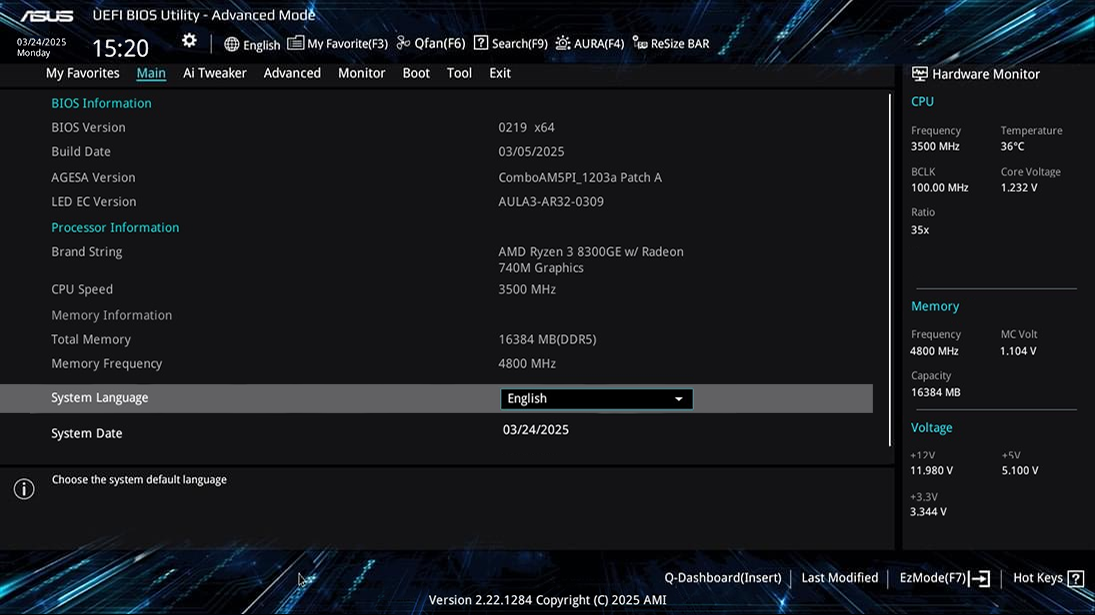 UEFI BIOS advanced mode UI.