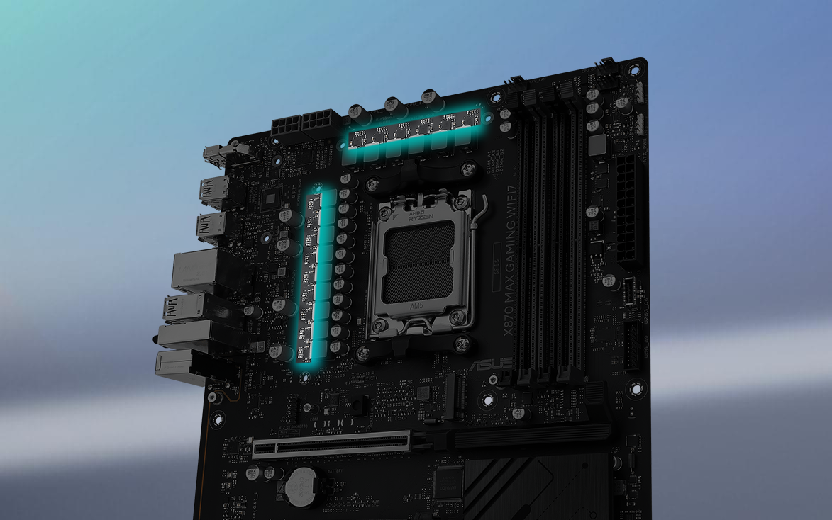 Angled top-down view of X870 MAX GAMING WIFI7 motherboard.