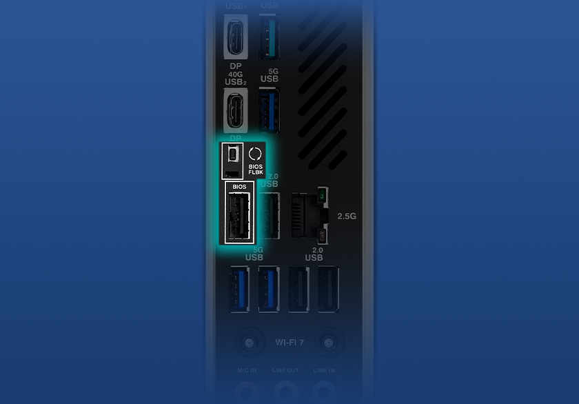 Graphic depicting the X870 MAX GAMING WIFI7 BIOS FlashBack feature.