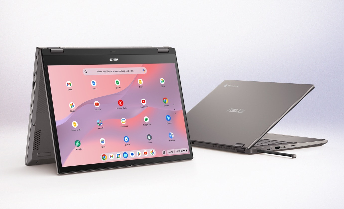 An angled front view of an ASUS Chromebook CX34 Flip in tent mode is placing in front of an angled rear view of an ASUS Chromebook CX34 Flip in laptop mode with a stylus half inserted in the garage showing the zinc lid.