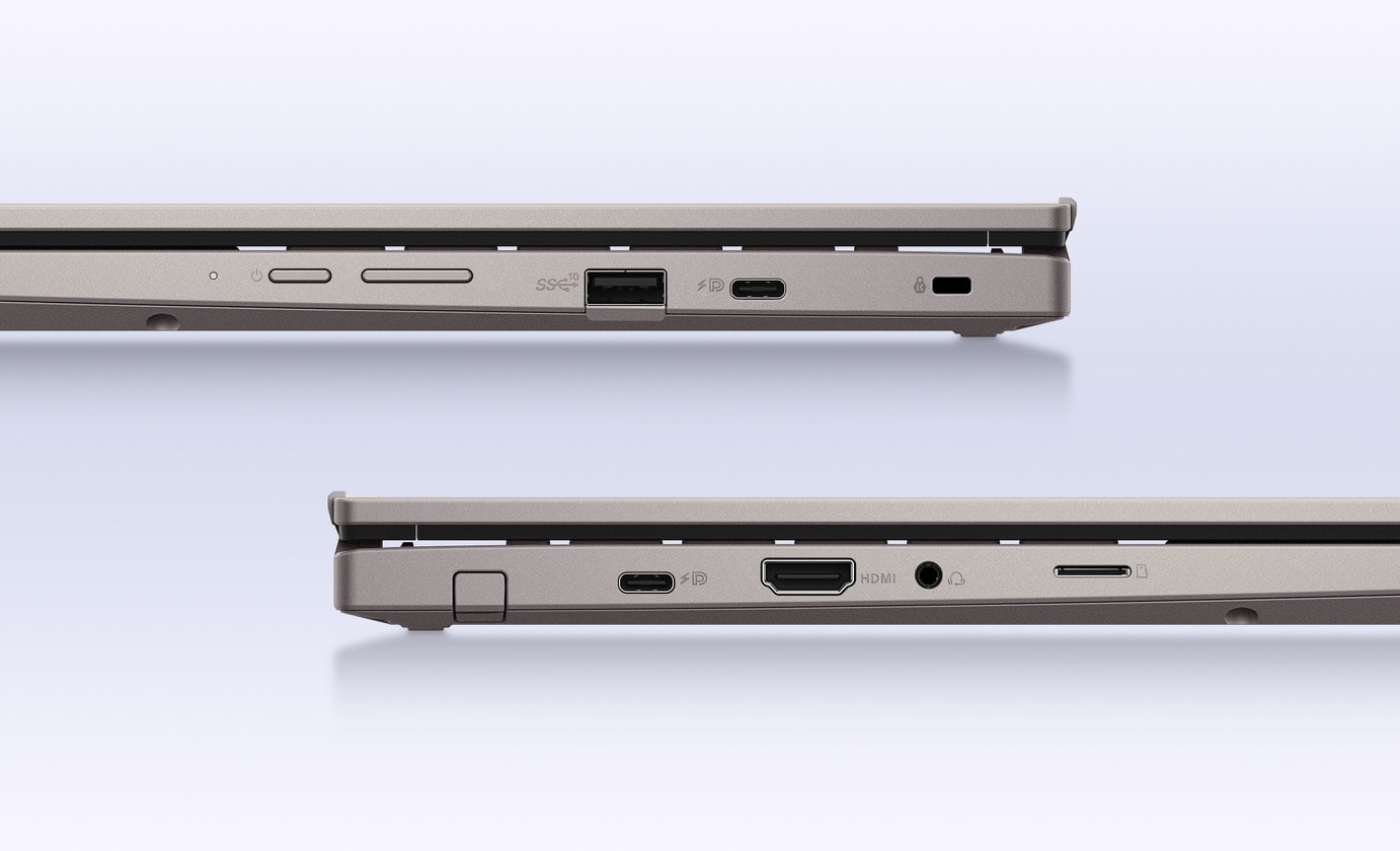 The right side view of ASUS Chromebook CB34 Flip is shown above the left side view of ASUS Chromebook CB34 Flip.