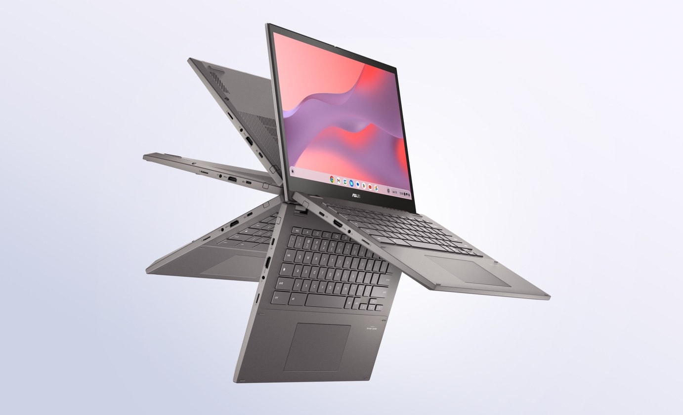 An angled front illustrated view of an ASUS Chromebook CX34 Flip showing the keyboard at five different angles.