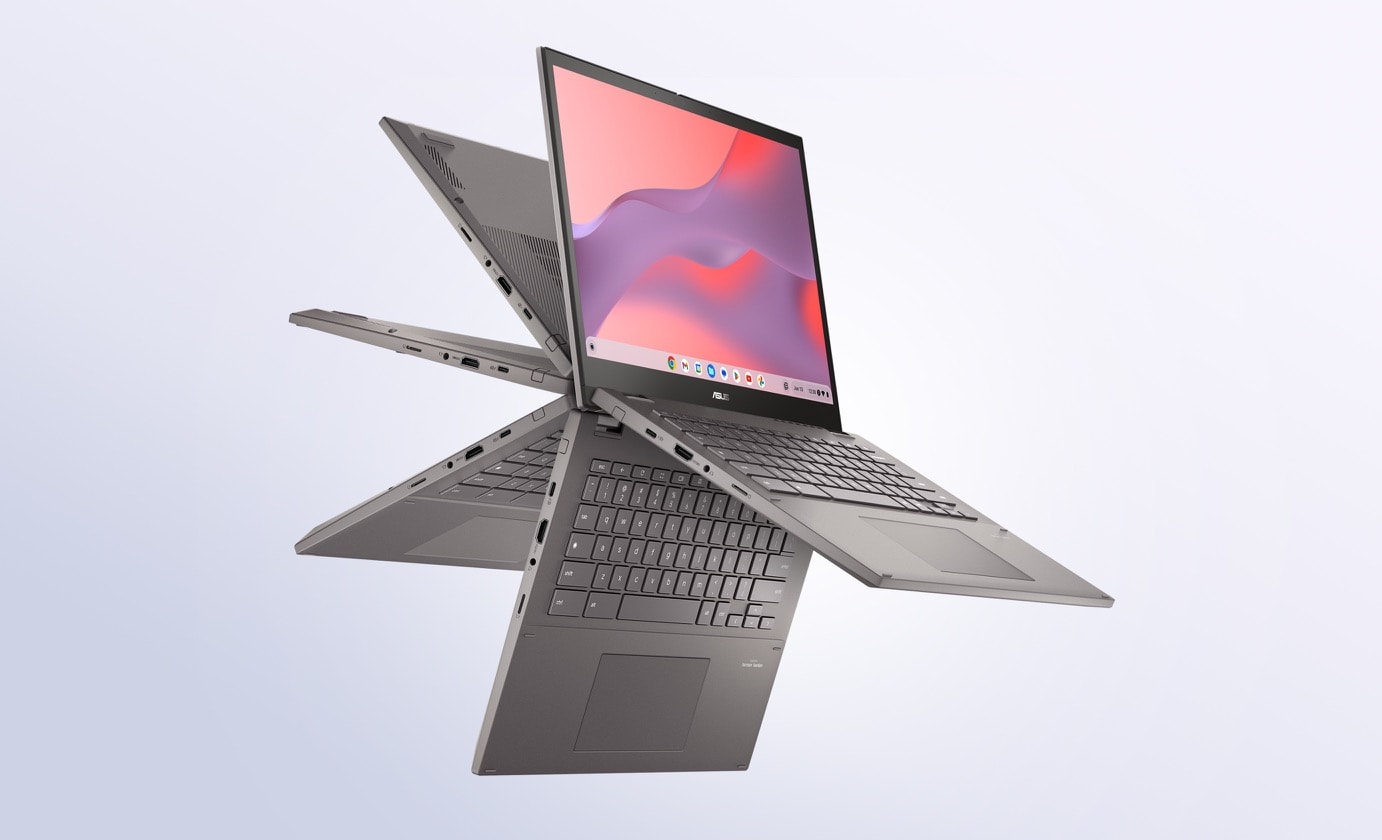 An angled front illustrated view of an ASUS Chromebook CB34 Flip showing the keyboard at five different angles.