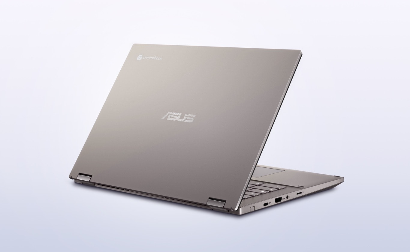 An angled rear view of an ASUS Chromebook CX34 Flip showing the Zinc lid.