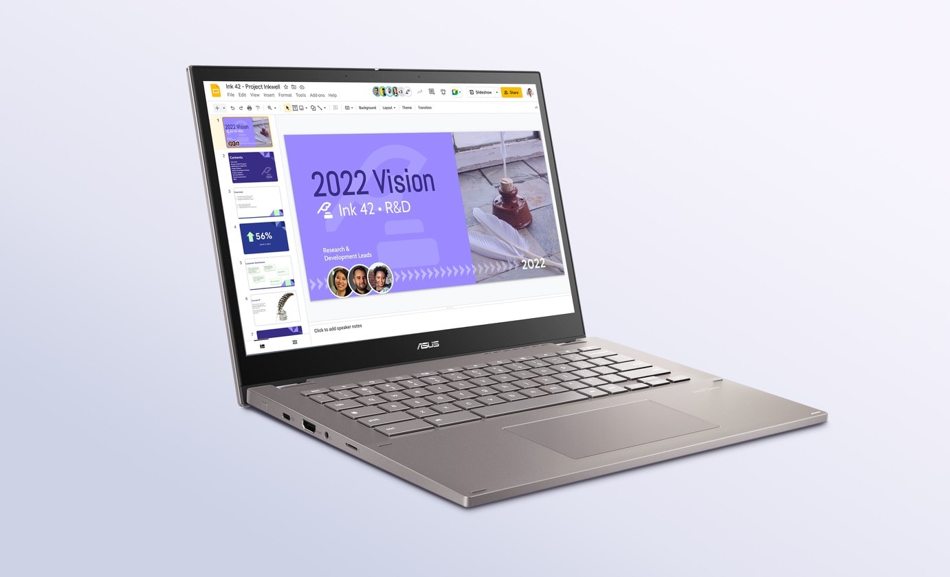 An angled front view of an ASUS Chromebook CB34 Flip in laptop mode with Google Slides onscreen.