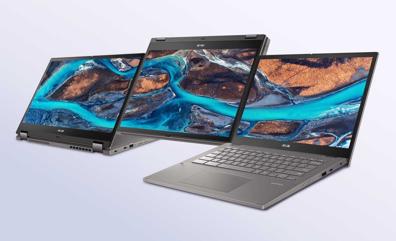 An angled front view of three ASUS Chromebook CX34 Flips in stand mode, tablet mode and laptop mode from left to right.