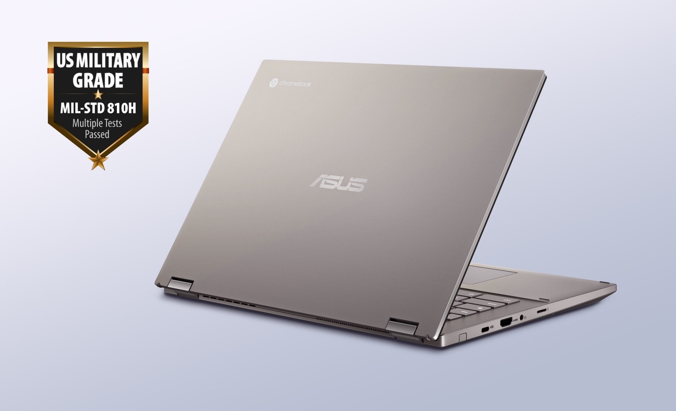 An angled rear view of an ASUS Chromebook CB34 Flip showing the Zinc lid with a military grade 810H standard badge on the top left corner.