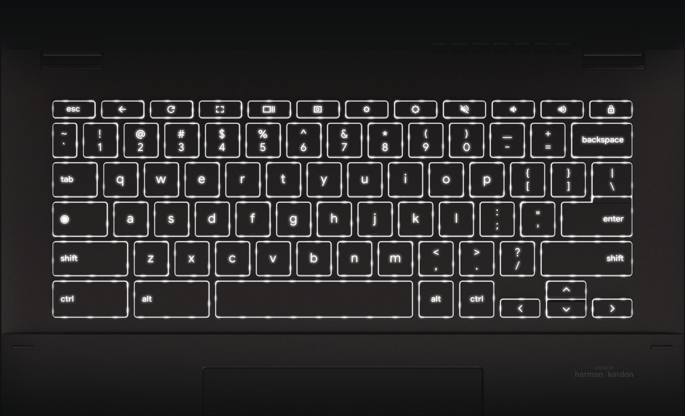 An overhead view of an ASUS Chromebook CB34 Flip showing the backlit keyboard.