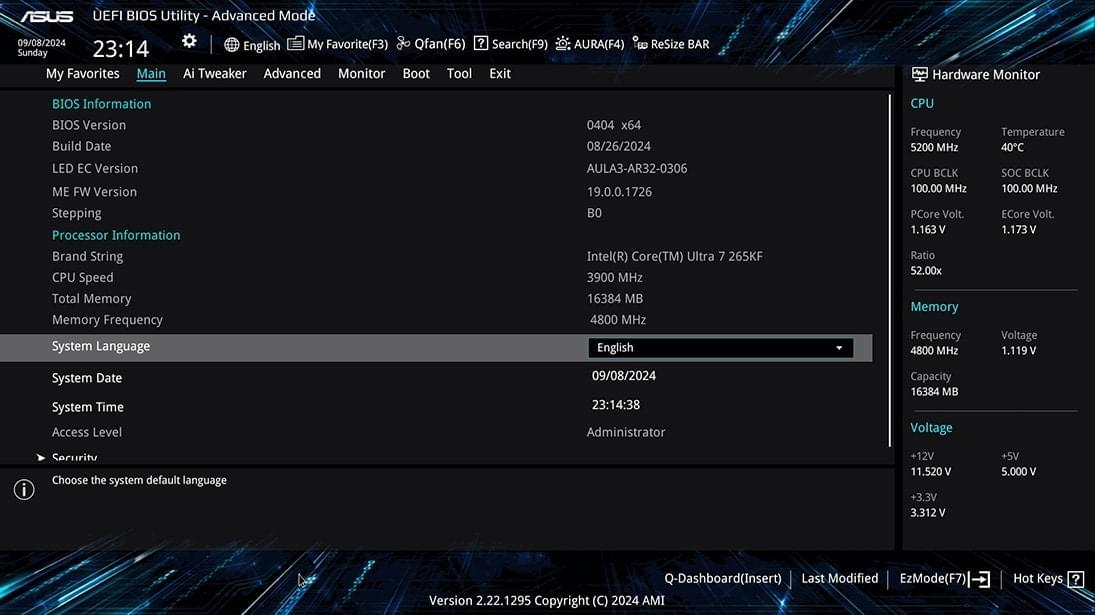Giao diện người dùng chế độ nâng cao BIOS UEFI.