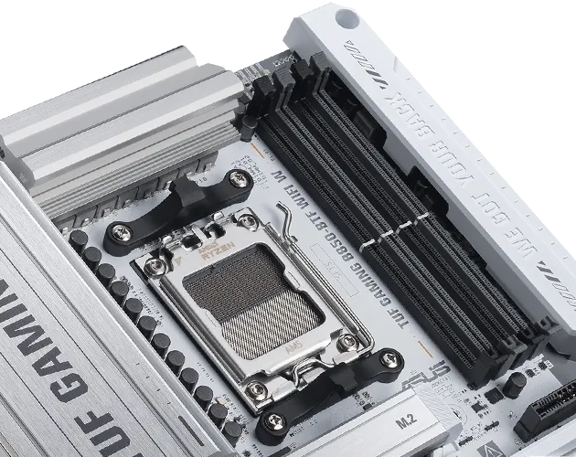 Close-up of B850-BTF WIFI W showing DDR5 memory slots with a label indicating support for DDR5 modules up to 8000+ MHz.