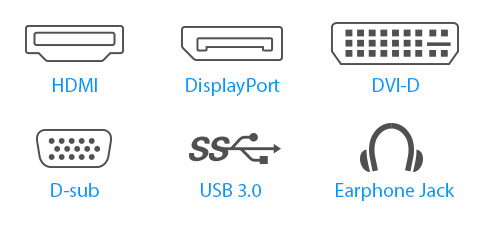 O BE24EQK apresenta um conjunto de opções de conectividade que incluem HDMI, DisplayPort, DVI-D, D-sub e duas portas USB 3.0.