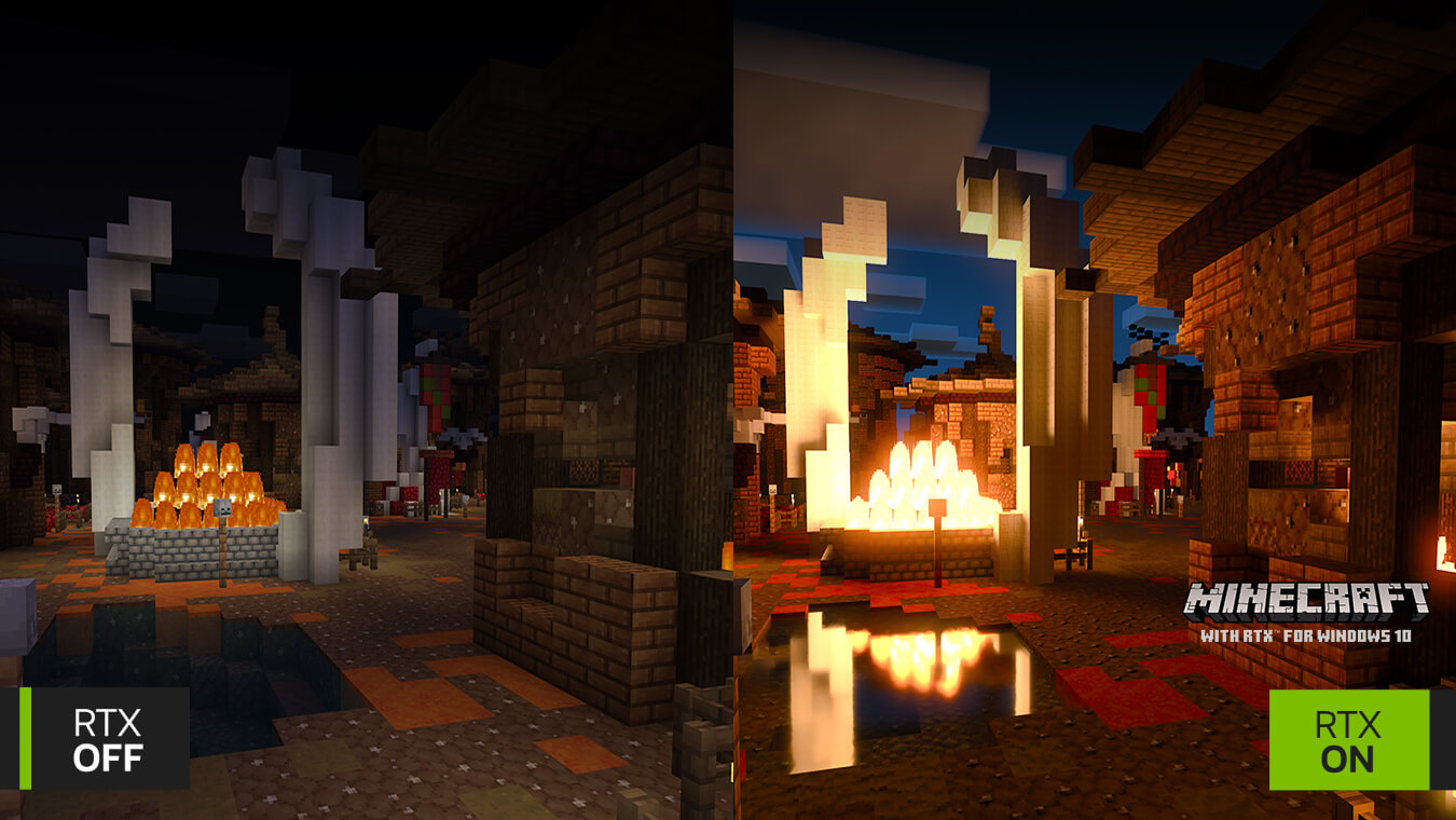 Vergleich der Leistung des Minecraft-Spiels auf dem Bildschirm ohne NVIDIA RTX auf der linken Seite, mit RTX auf der rechten Seite
