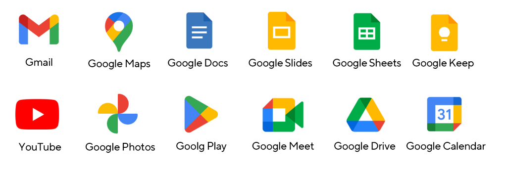 Dvanáct ikon zobrazujících aplikace Google pro produktivitu