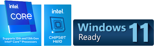 Core i9 processor icon , Intel H610 Chipset icon , Windows 11 icon