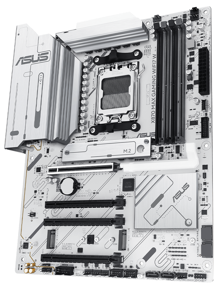 X870 MAX GAMING WIFI7 W motherboard front view, floating in space.