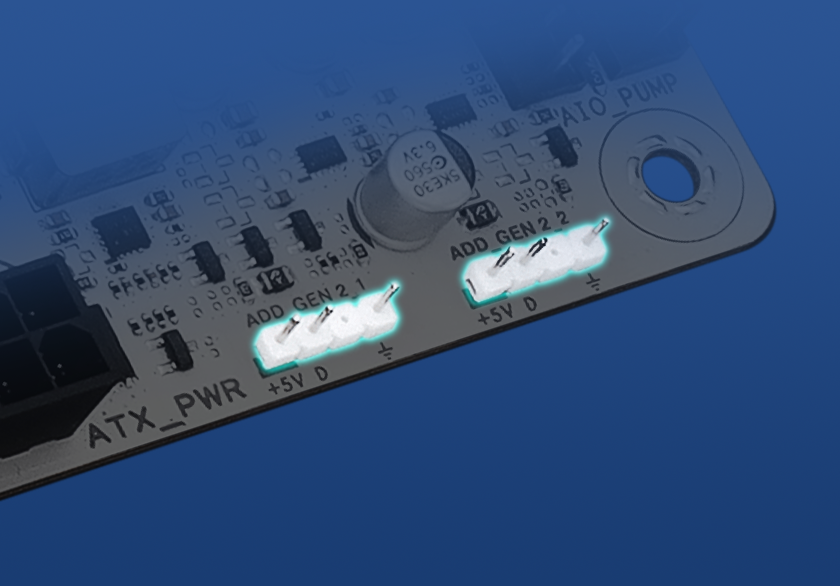 Image depicting X870 MAX GAMING WIFI7 W ARGB connectors.