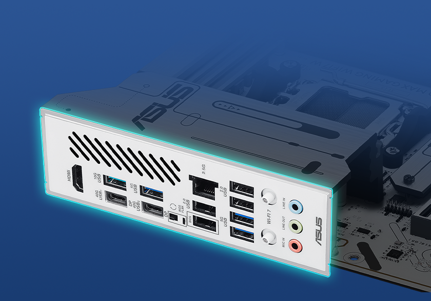 Graphic depicting the X870 MAX GAMING WIFI7 W pre-mounted I/O Shield.