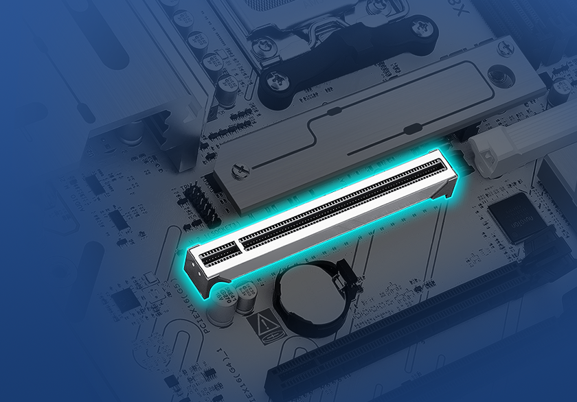 Graphic depicting the X870 MAX GAMING WIFI7 W SafeSlot feature.