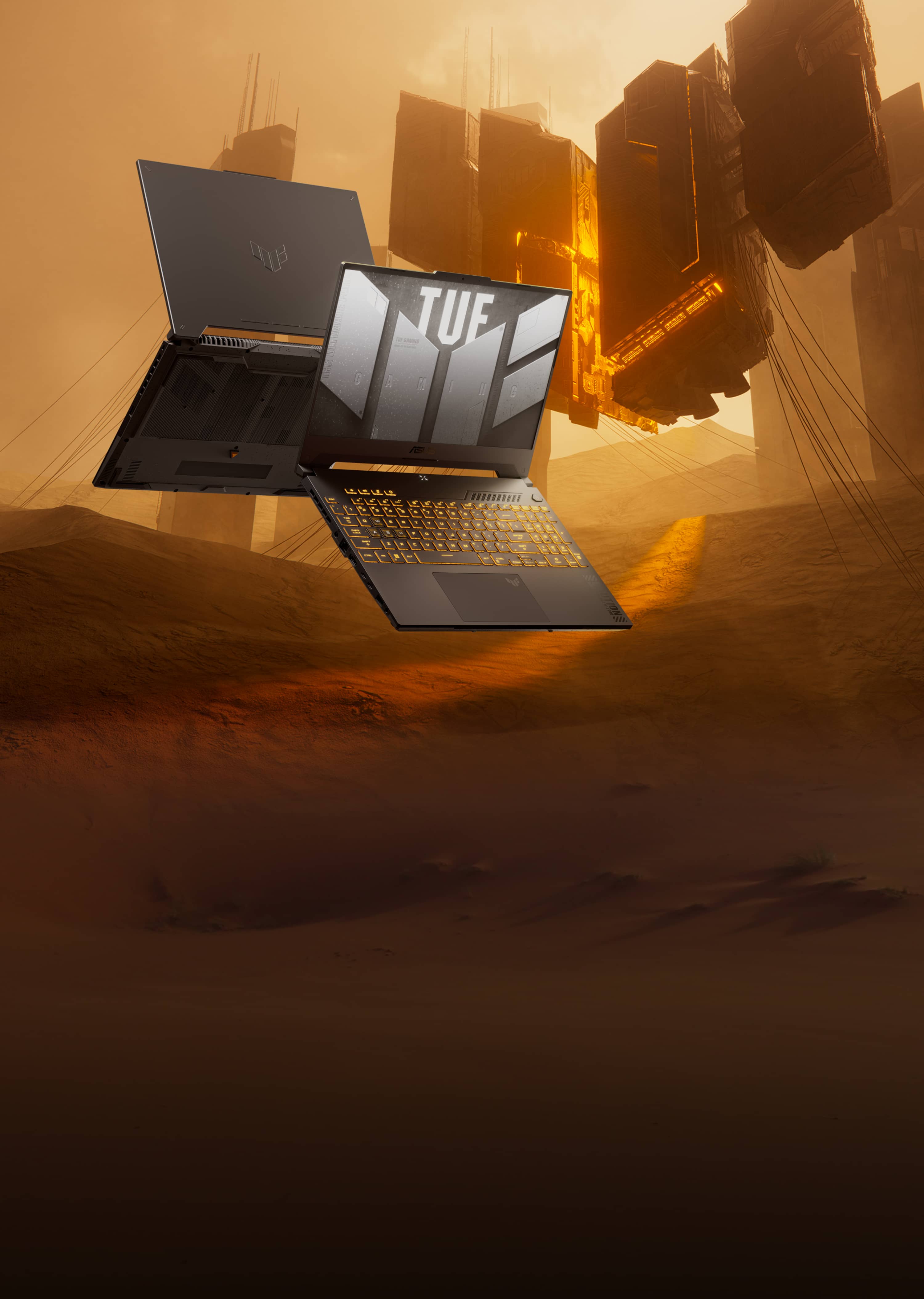 Два ноутбука TUF Gaming F15 на фоне огромных монолитов