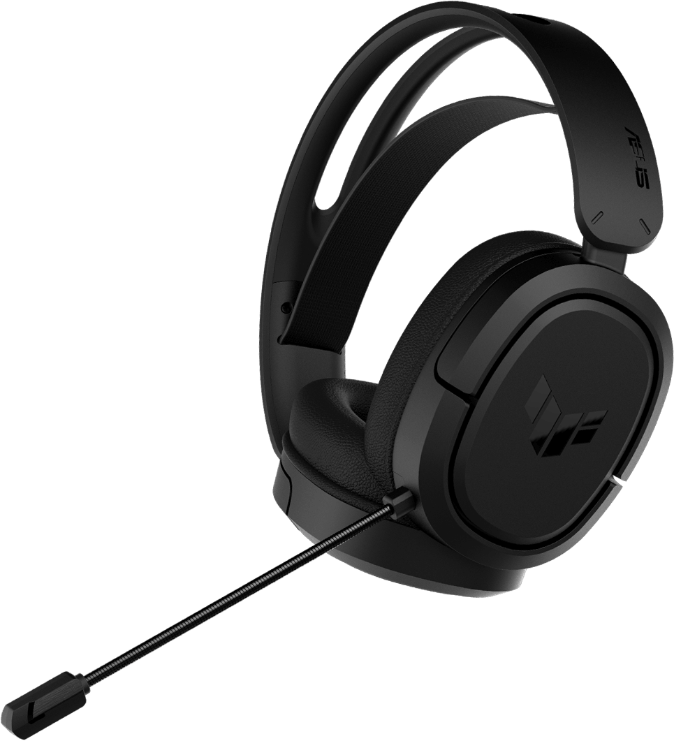 Das TUF Gaming H1 Wireless Headset mit seinem Wireless-Dongle auf der linken Seite.