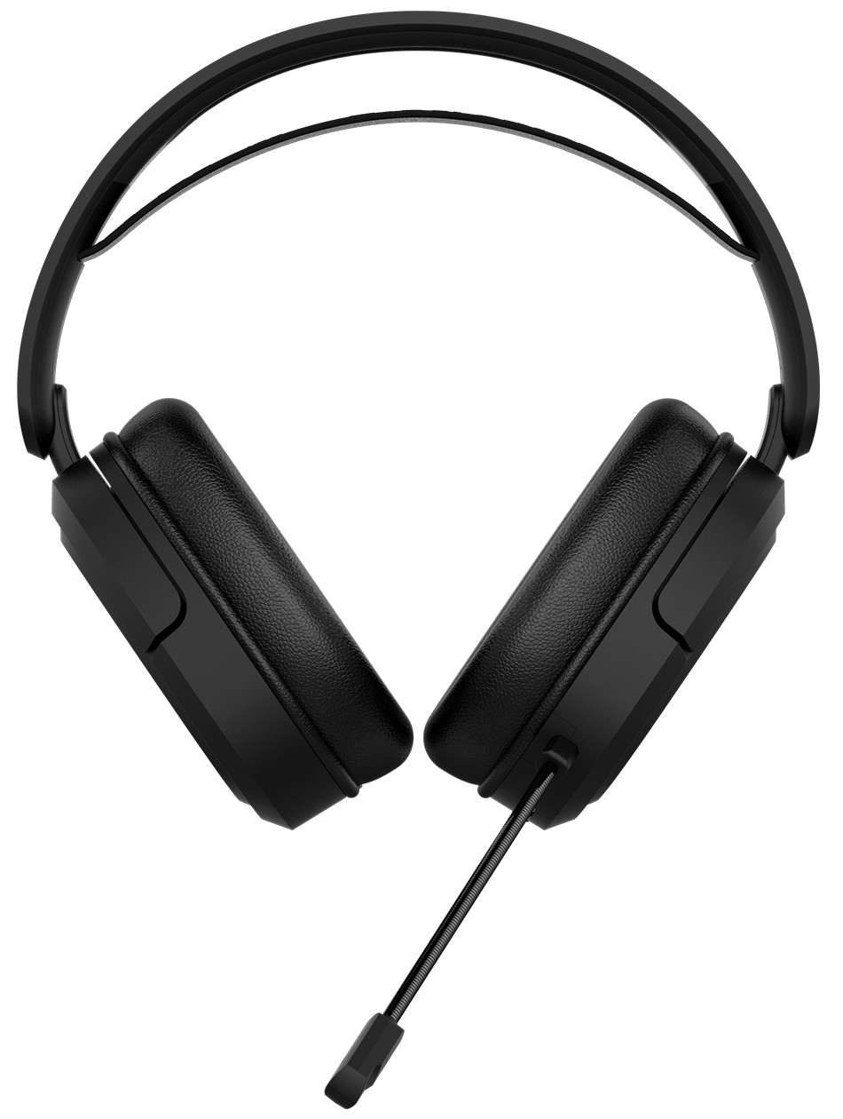 Die Frontansicht des TUF Gaming H1 Wireless zeigt die lange Akkulaufzeit, die 15 Stunden Nonstop-Gaming und 8 Tage bei gelegentlichem Spielen ermöglicht.