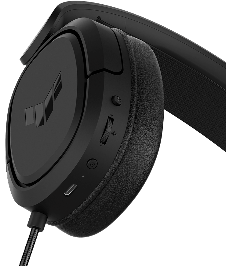 Le TUF Gaming H1 Wireless offre un contrôle instantané et démontre la position des boutons, le bouton du haut sert à allumer et éteindre le microphone, le deuxième correspond au contrôle du volume, le troisième est l'interrupteur d'alimentation, le quatrième est le voyant d'état pour l'alimentation et la charge et le dernier est le port de charge.