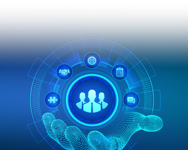 A robotic blue shining hand with advanced gear background, holding three customer figure icon in the center surrounded by puzzle, handshake, earth, file folder, chat icons to show strong technical support
