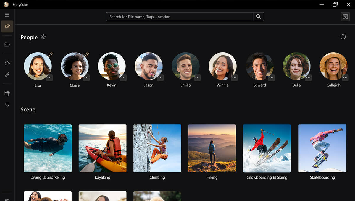 The user interface of StoryCube is shown. A row of identified faces are listed in a row under the people category and similar scenes are grouped together under the scenes category.
