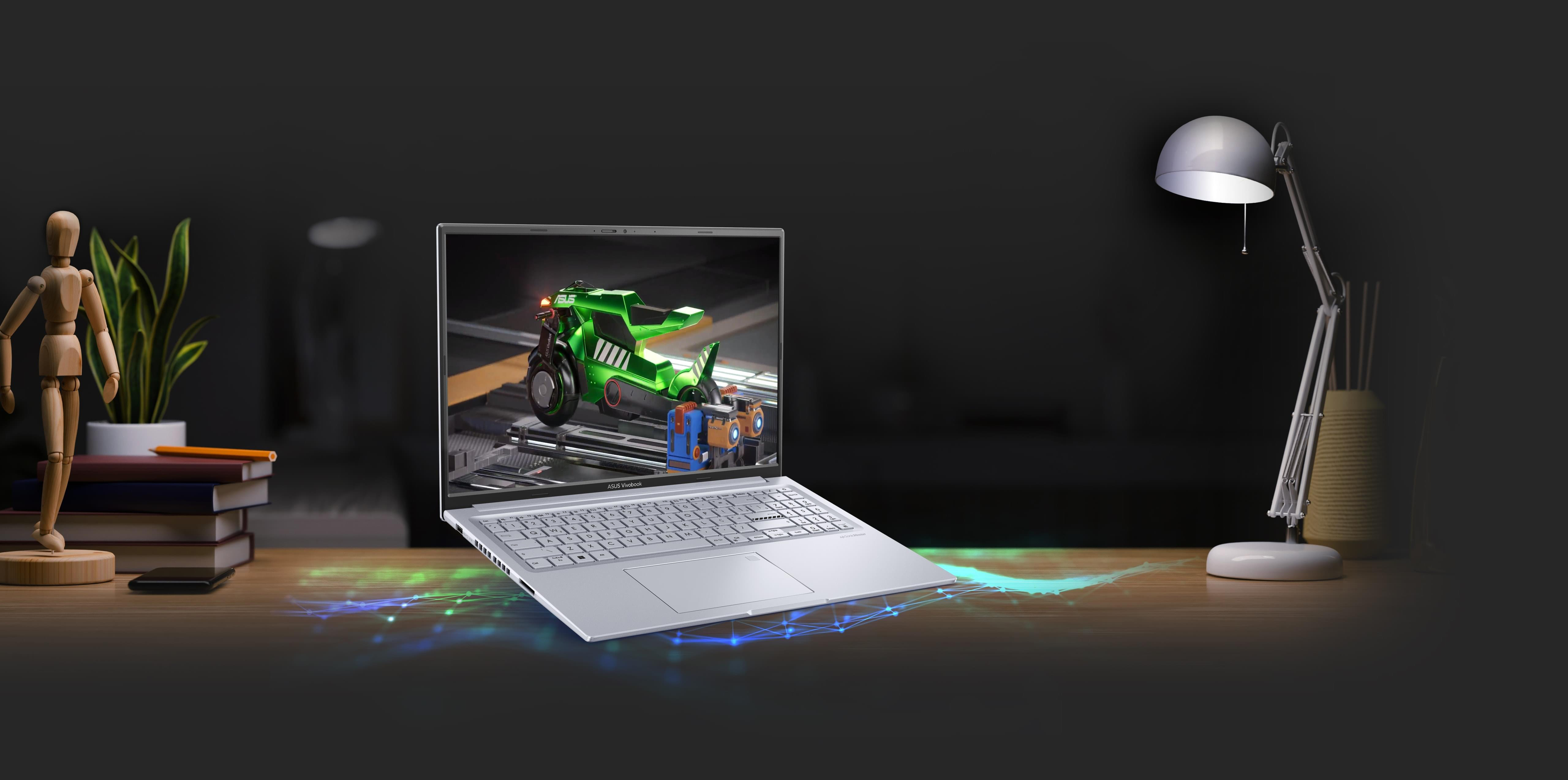 Front left view of the Vivobook 16X OLED with the screen showing a motorcycle rendering from a wireframe to a final complete car