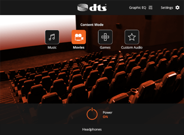 UI do modo Filmes do Processamento de Áudio DTS.