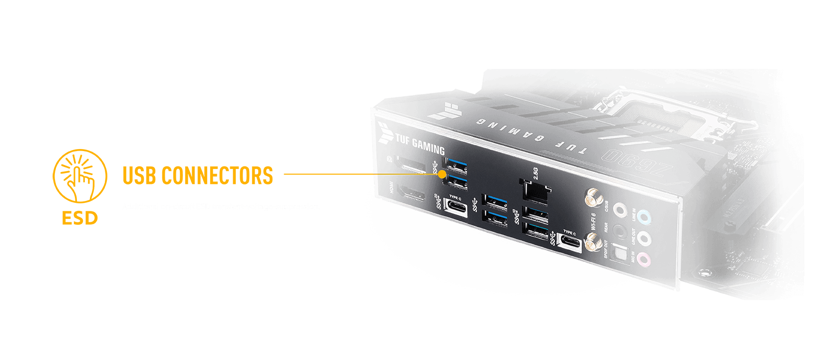 Connecteurs USB Suppression aditionnelle des tensions transitoires ESD (décharge électrostatique) sur le circuit.