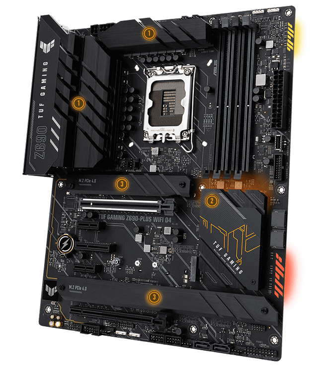 TUF GAMING Z690-PLUS WIFI D4 features an expanded VRM heatsink and thermal pad, and three M.2 slots with heatsinks. 