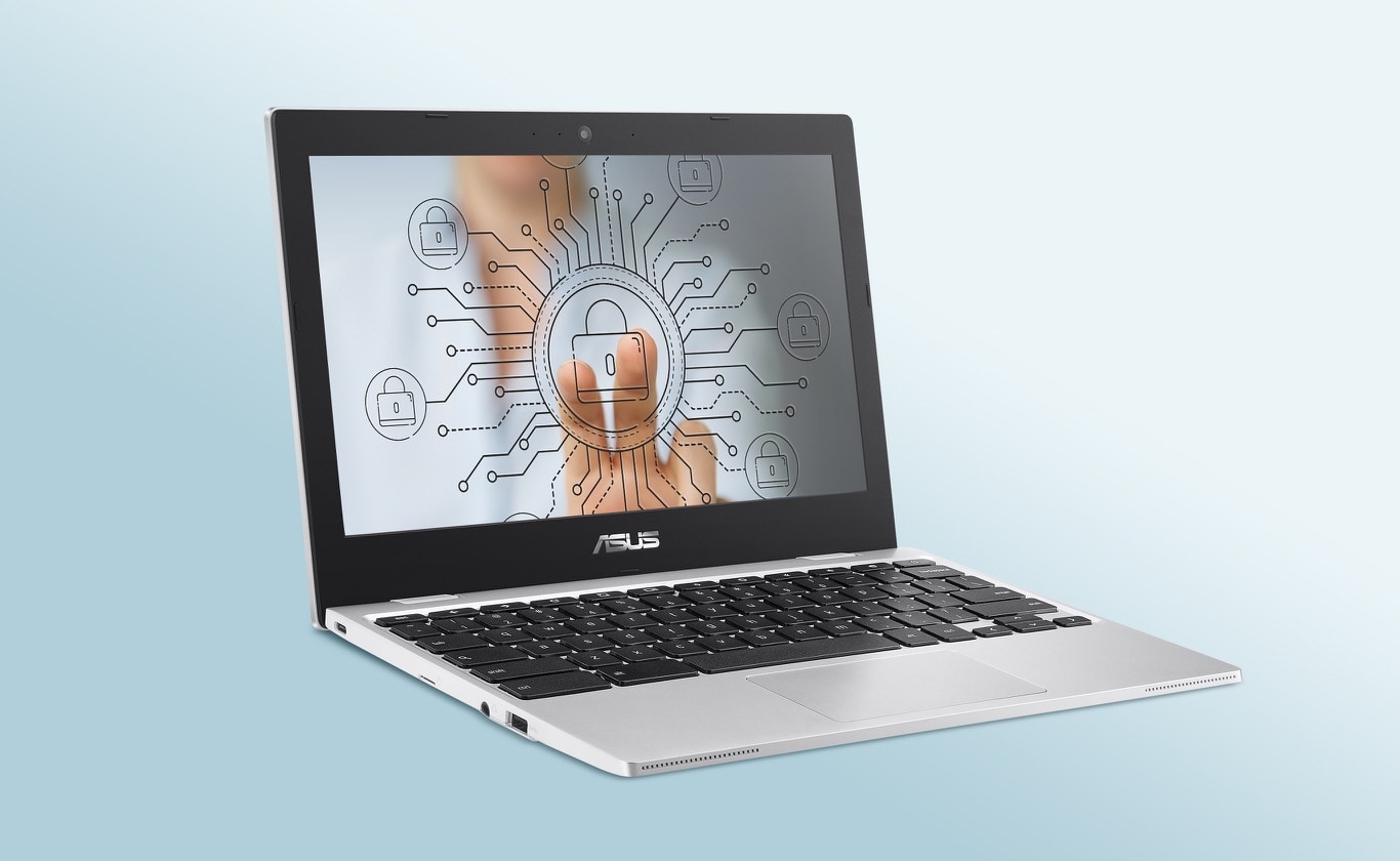ASUS Chromebook CX1101 with an in-screen of a man pressing a security lock 