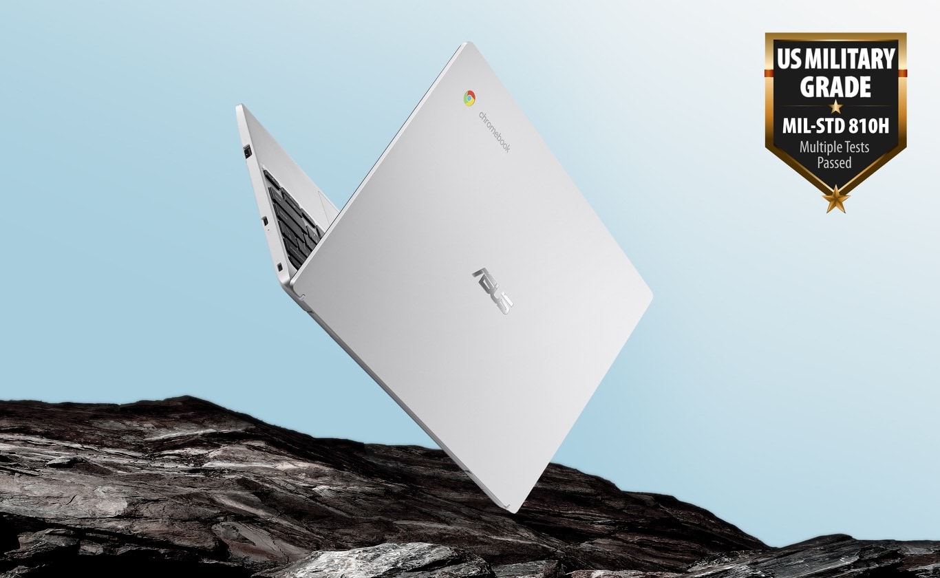 One ASUS Chromebook CX1101 falling on a rock 